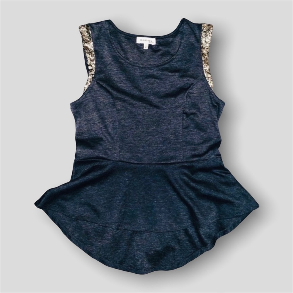 Charcoal Gray Gold Sequin Shoulder Peplum Top